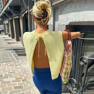 Sweater Vest Women Sexy Knitting Top Waistcoat Pullover Backless Round Collar Sleeveless Lace Up Casual Knitwear Summer 2025